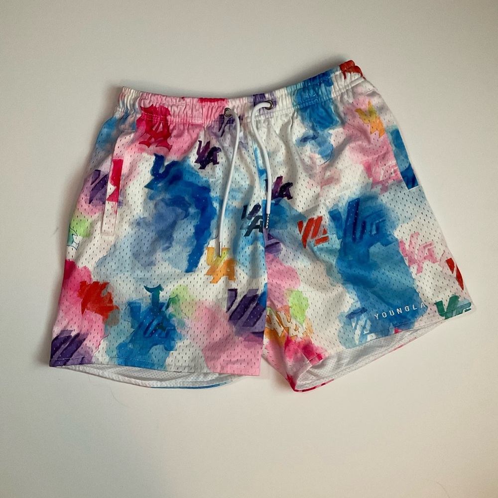 YoungLA Multicolor Watercolor Athletic Shorts - White Base